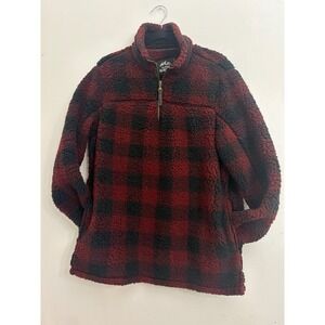Alpine Sherpa Womens Gingham Buffalo Plaid Quarter Zip Fleece Jacket Red Black L